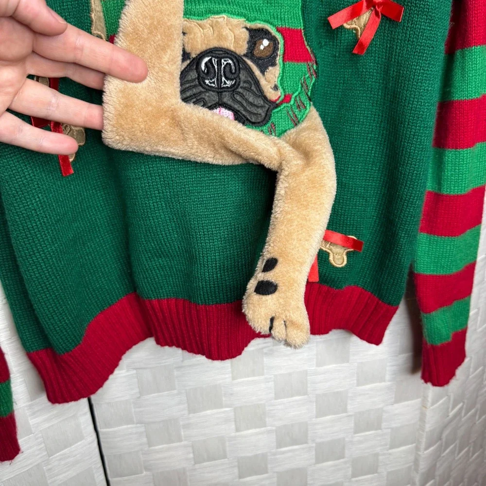 3D Pug Ugly Christmas Sweater Green Red Striped Plush Large
